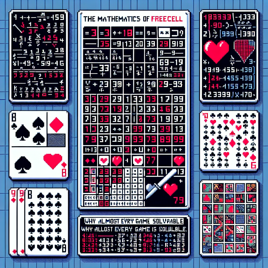FreeCell game board with mathematical formulas and probability calculations overlaid on the card layout.