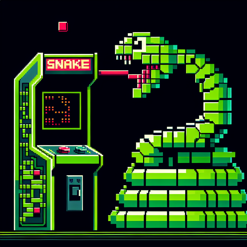 A pixelated green snake on a black background, about to eat a red pixel.